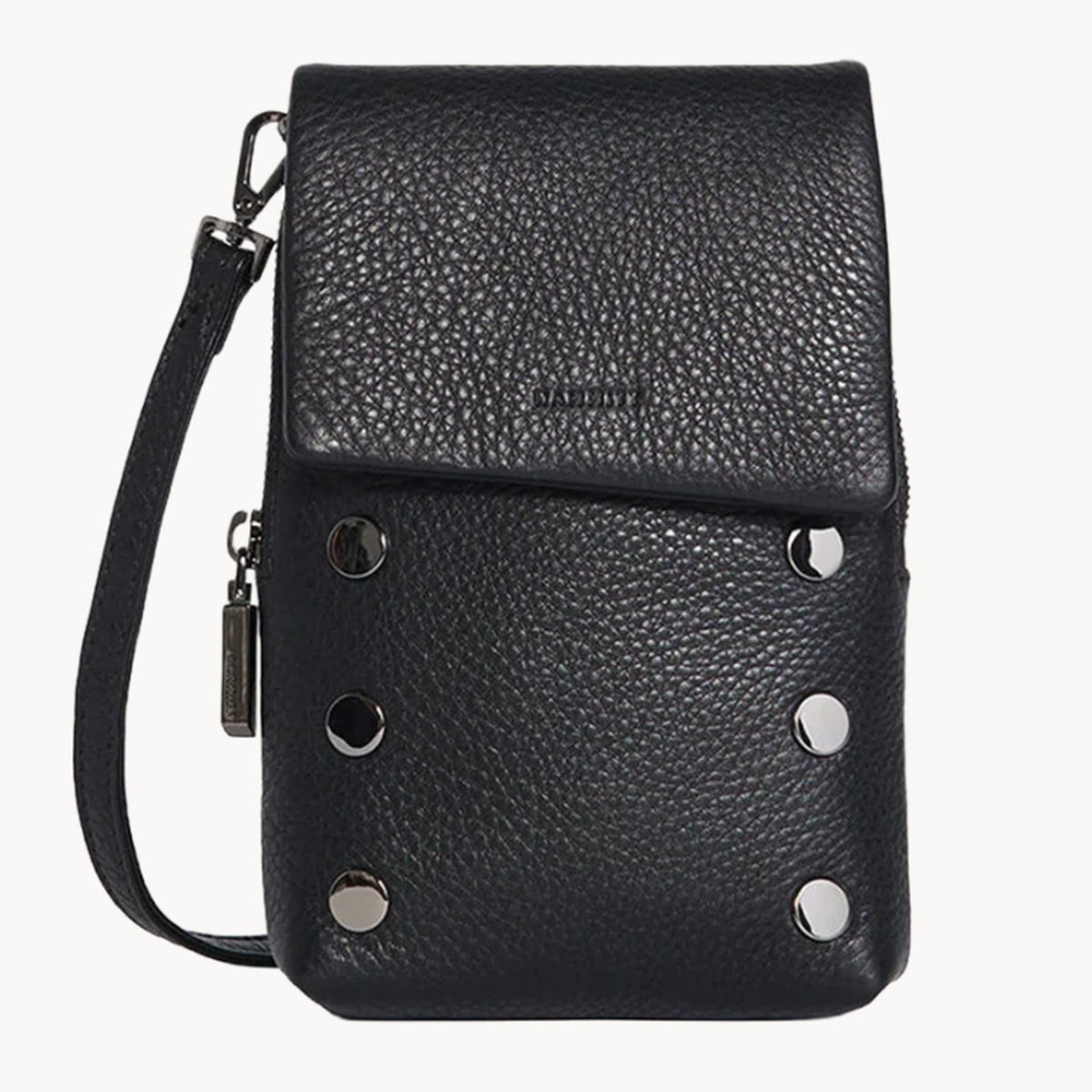 Hammitt VIP Mobile crossbody in black pebbled leather with gunmetal rivets