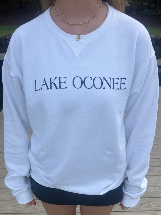 Lake Oconee Sweatshirt White with Navy Letters