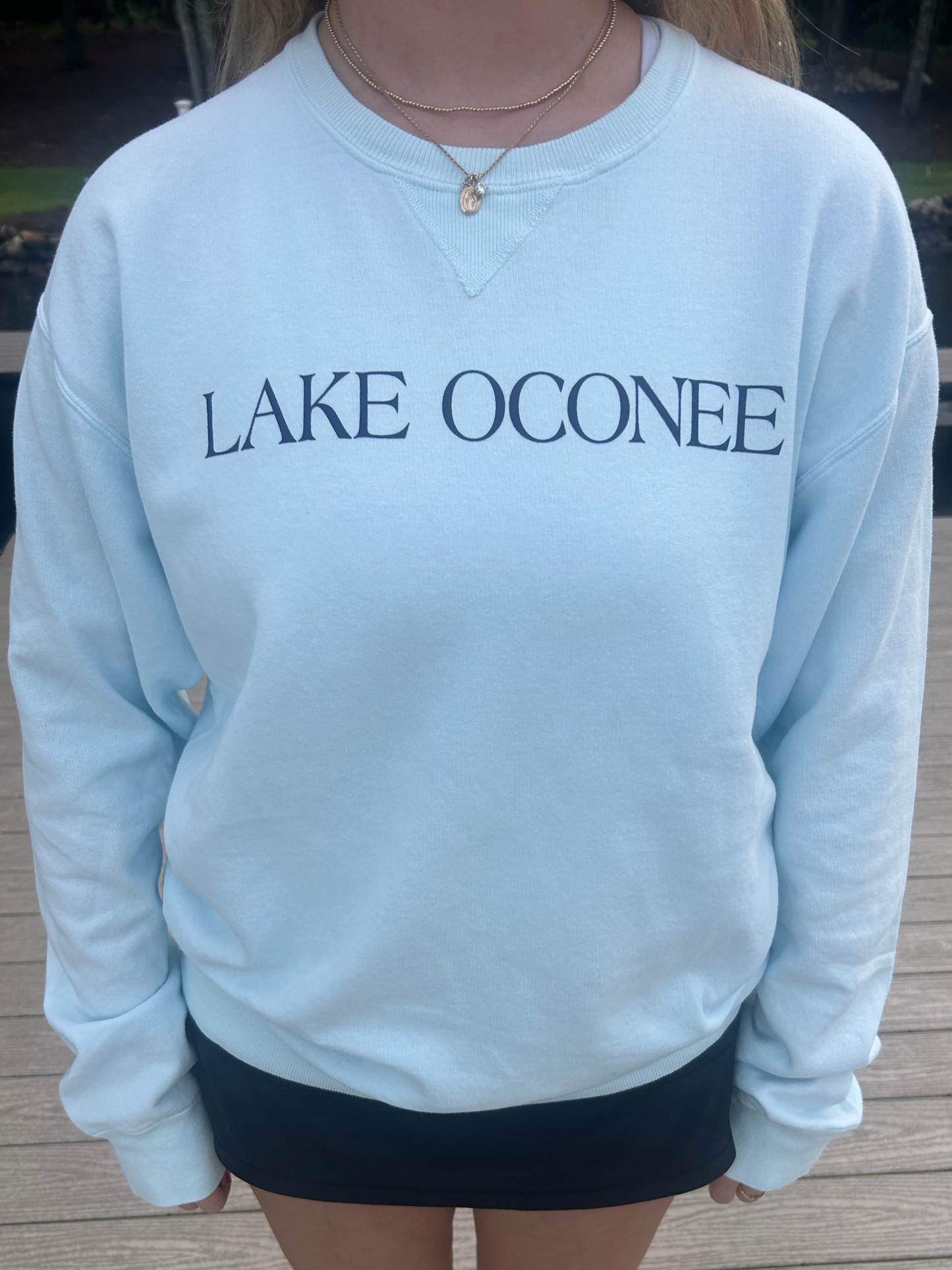 Lake Oconee Sweatshirt Light Blue with Navy Letters