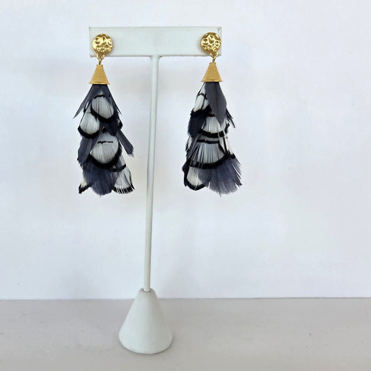 Brackish Blake Statement Earrings, pheasant and rooster feathers on a gold hammered stud
