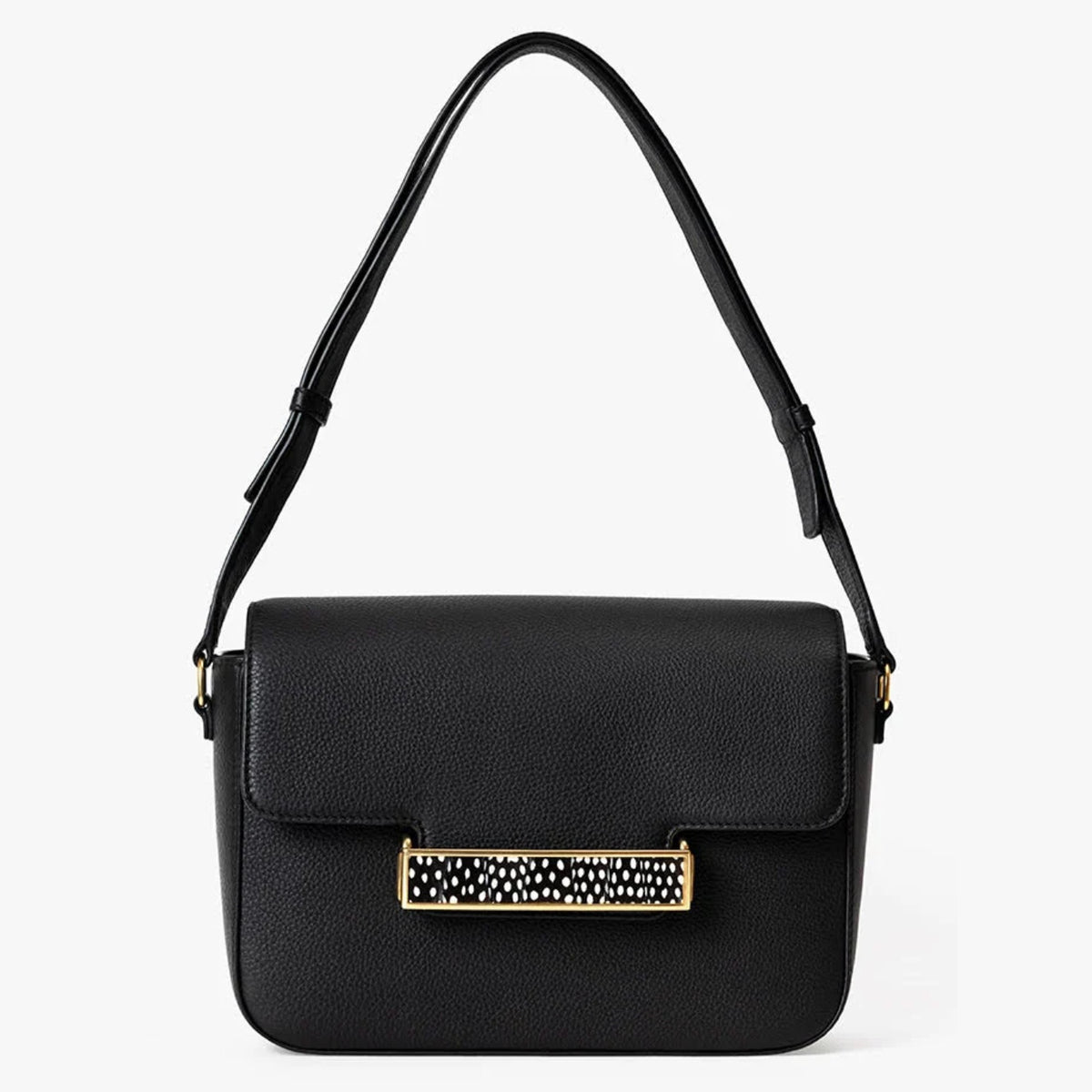 Brackish Oxford Bar Handbag in black with guinea feather bar, front