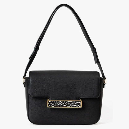 Brackish Oxford Bar Handbag in black with guinea feather bar, front
