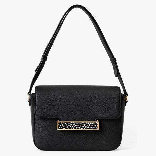 Brackish Oxford Bar Handbag in black with guinea feather bar, front