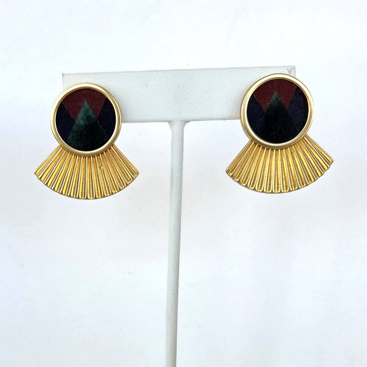 Brackish Wren Large Stud Earrings in gold, goose and peacock feathers