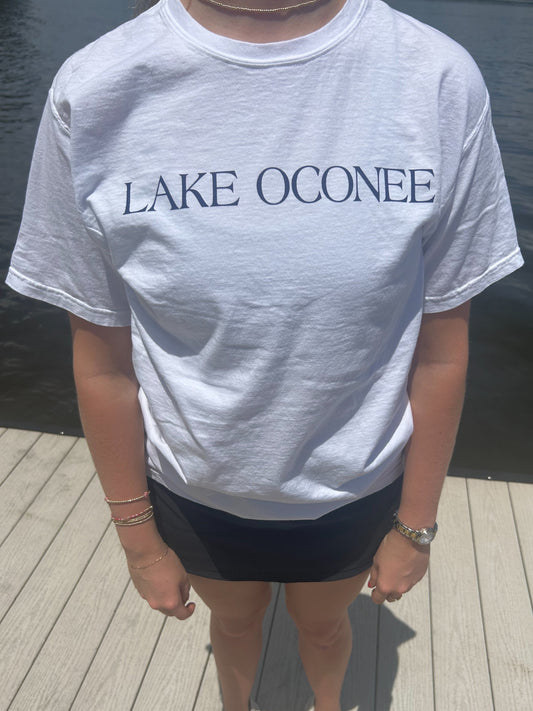 Lake Oconee Tshirt White with Navy Letters