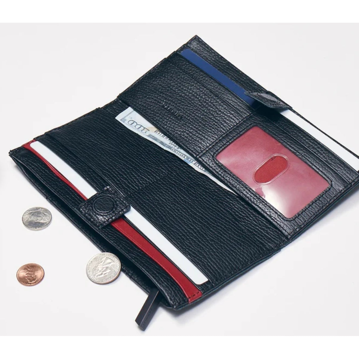 Hammitt 110 North wallet open, showing card slots, ID window and red lining