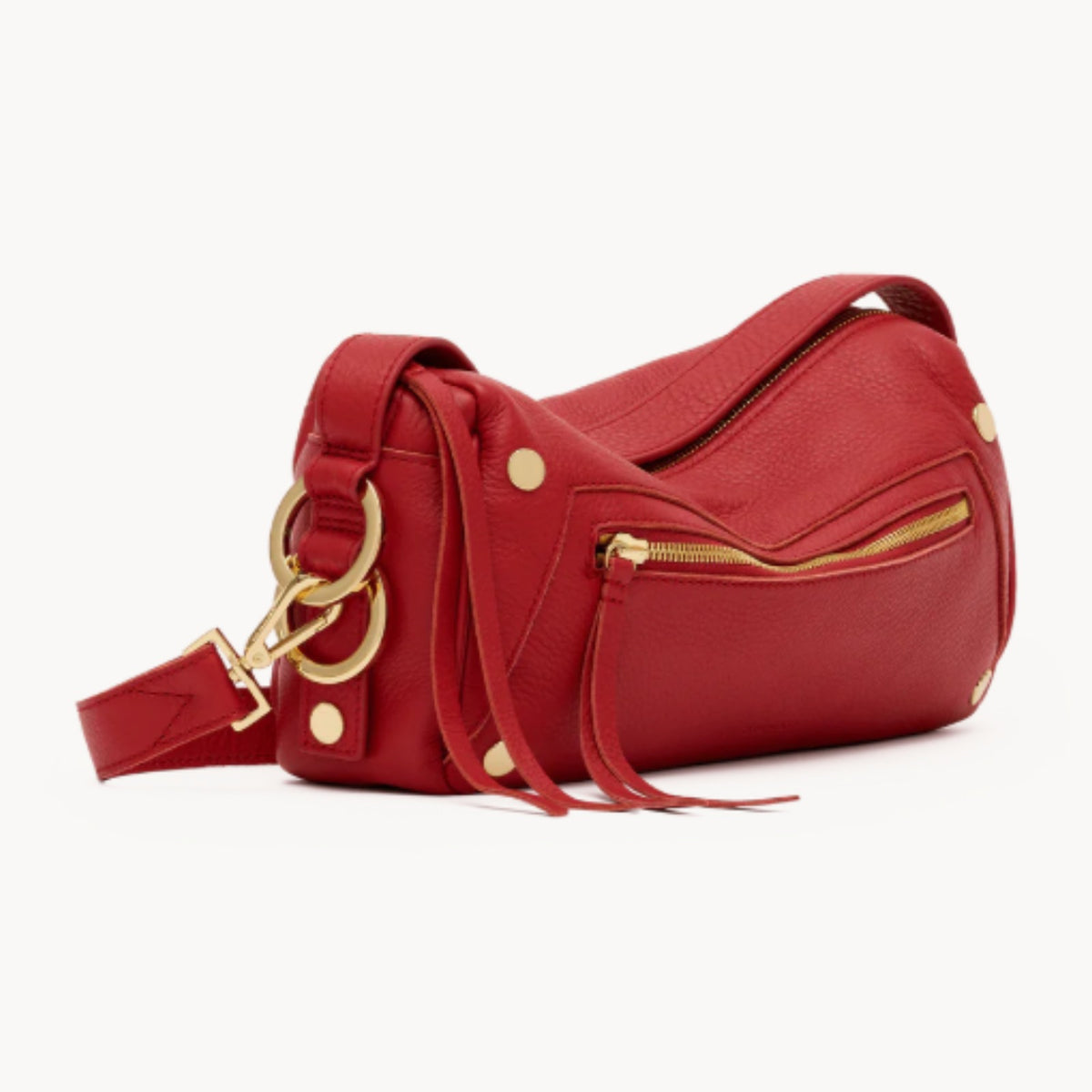 Hammitt Doxie Medium Chili Red, angled with crossbody strap