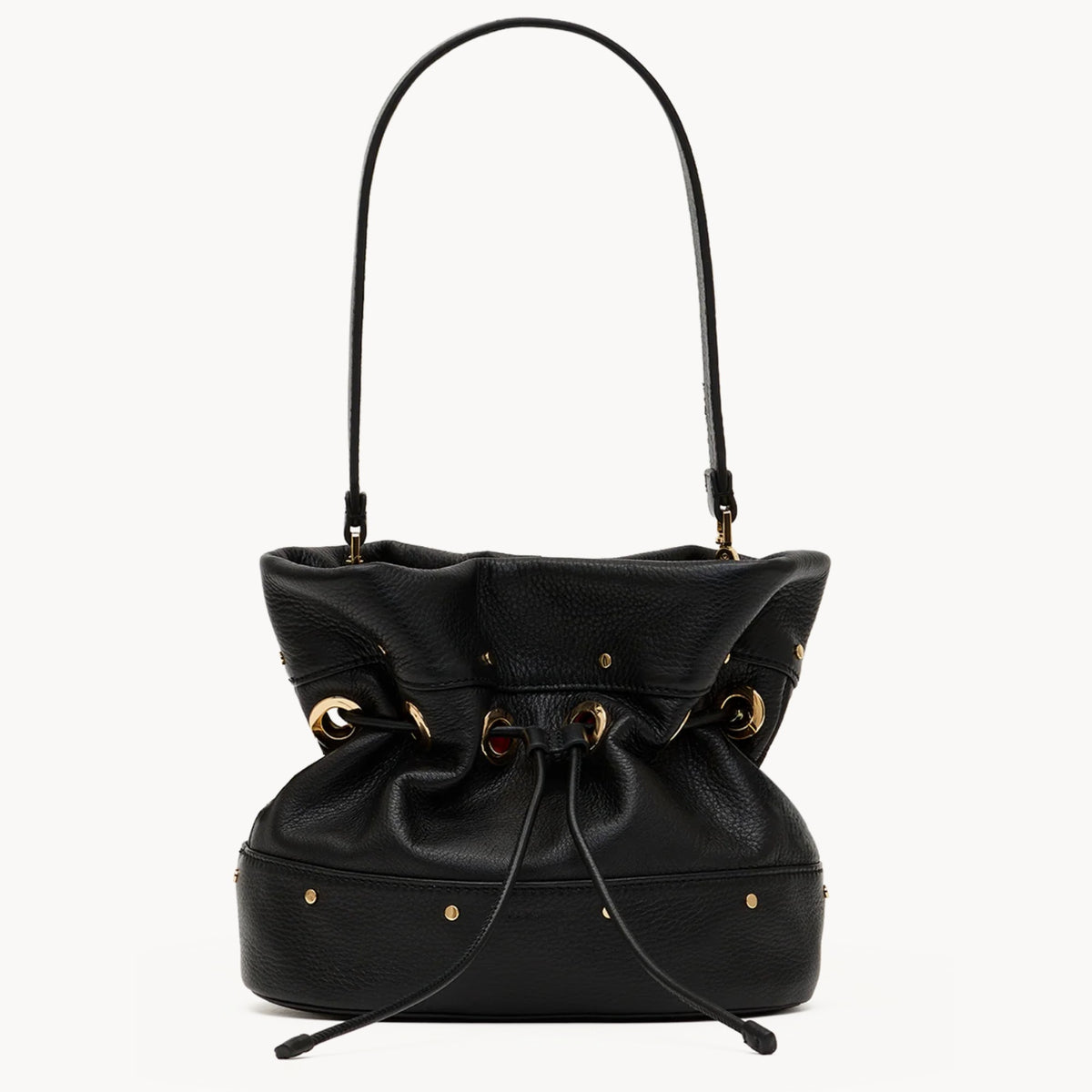 Hammitt Gianna Small bucket bag in black with gold hardware and shoulder strap, front