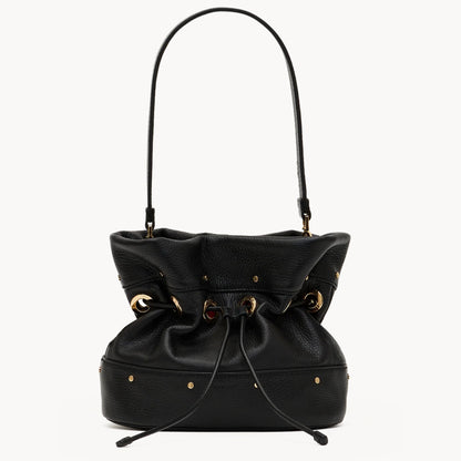 Hammitt Gianna Small bucket bag in black with gold hardware and shoulder strap, front