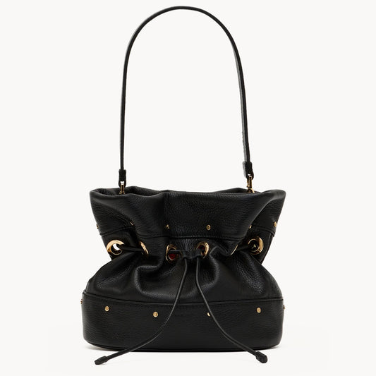 Hammitt Gianna Small bucket bag in black with gold hardware and shoulder strap, front