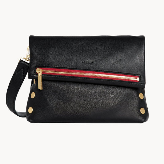 Hammitt VIP Medium in black with red zipper and brushed gold rivets, front