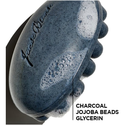 Jack Black Charcoal Body Bar lathered, with charcoal, jojoba beads and glycerin