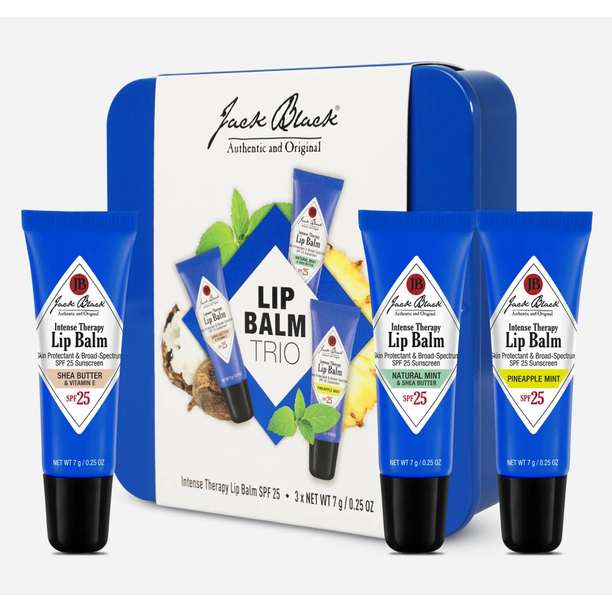 Jack Black Lip Balm Trio gift tin with three lip balms