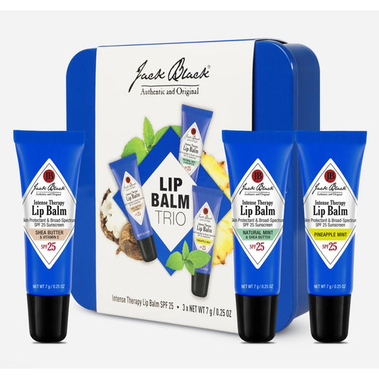 Jack Black Lip Balm Trio gift tin with three lip balms