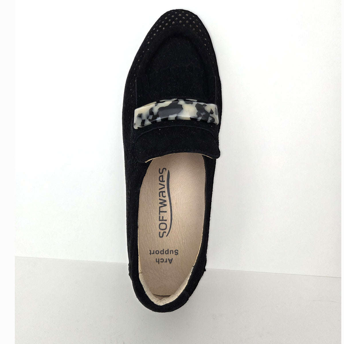 Softwaves Caroline fringe platform loafer in Black, top view