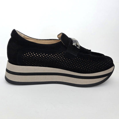 Softwaves Caroline fringe platform loafer in Black, side view